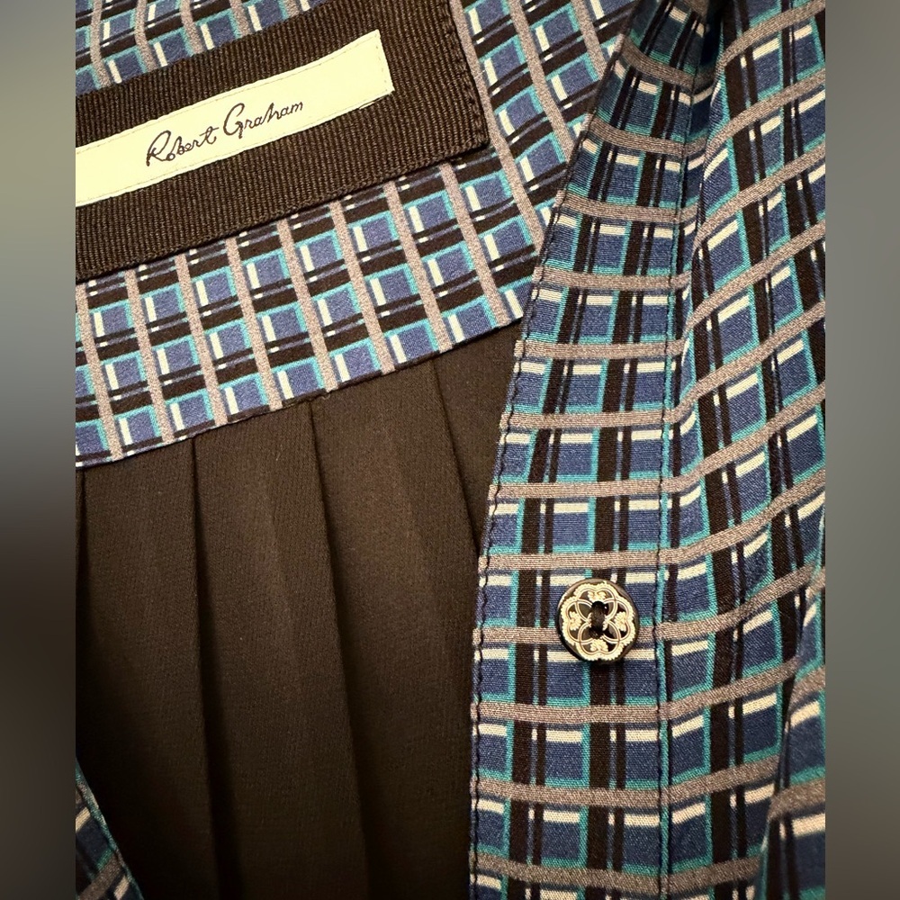 Robert Graham Blue and Black Houndstooth Button Down Silk Print Shirt-Size L